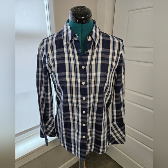 DRAPER JAMES BLUE PLAID BELL SLEEVE BLOUSE BUTTON UP SHIRT TOP WOMEN SIZE 4 - Picture 3 of 12